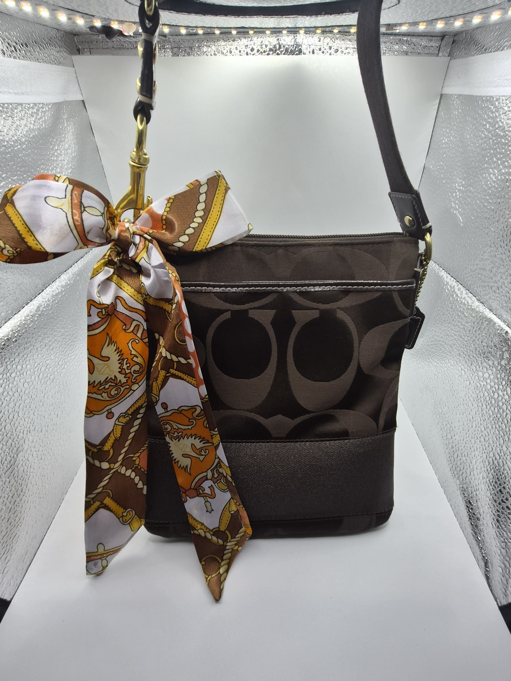 Authentic Coach Signature Crossbody Bag Y2K Brown Jacquard + Twilly
